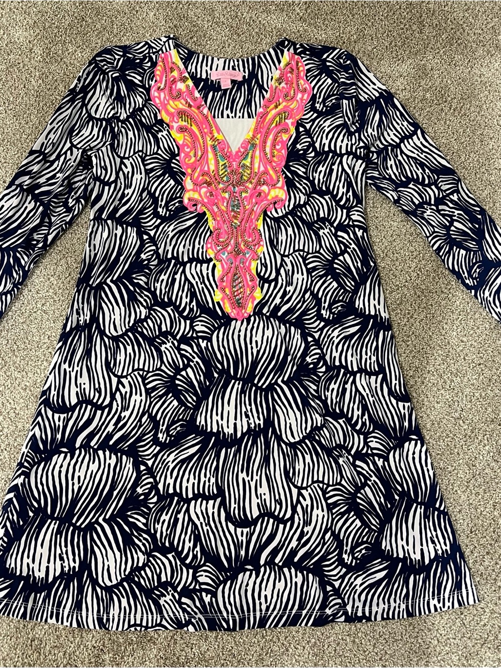 Lilly Pulitzer Navy and White Floral Dress with Pink Embellished V-Neck
